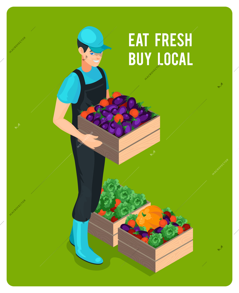 Cheerful isometric grocer with organic fresh eco healthy vegetables in wooden boxes isolated vector illustration