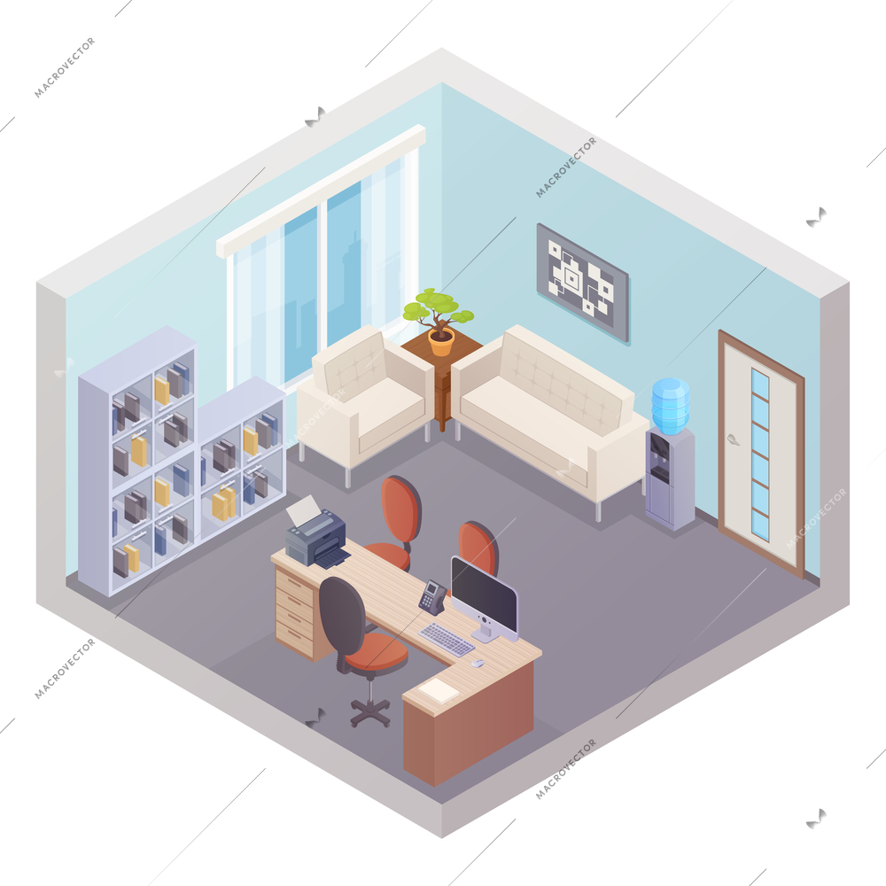 Isometric office interior with boss workplace shelves for documents cooler and zone for visitors vector illustration