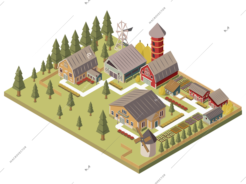 Farm buildings design with windmill barn and silo sheds hay garden beds and trees isometric vector illustration
