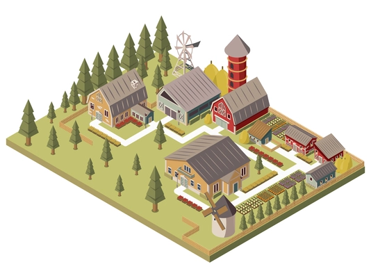 Farm buildings design with windmill barn and silo sheds hay garden beds and trees isometric vector illustration