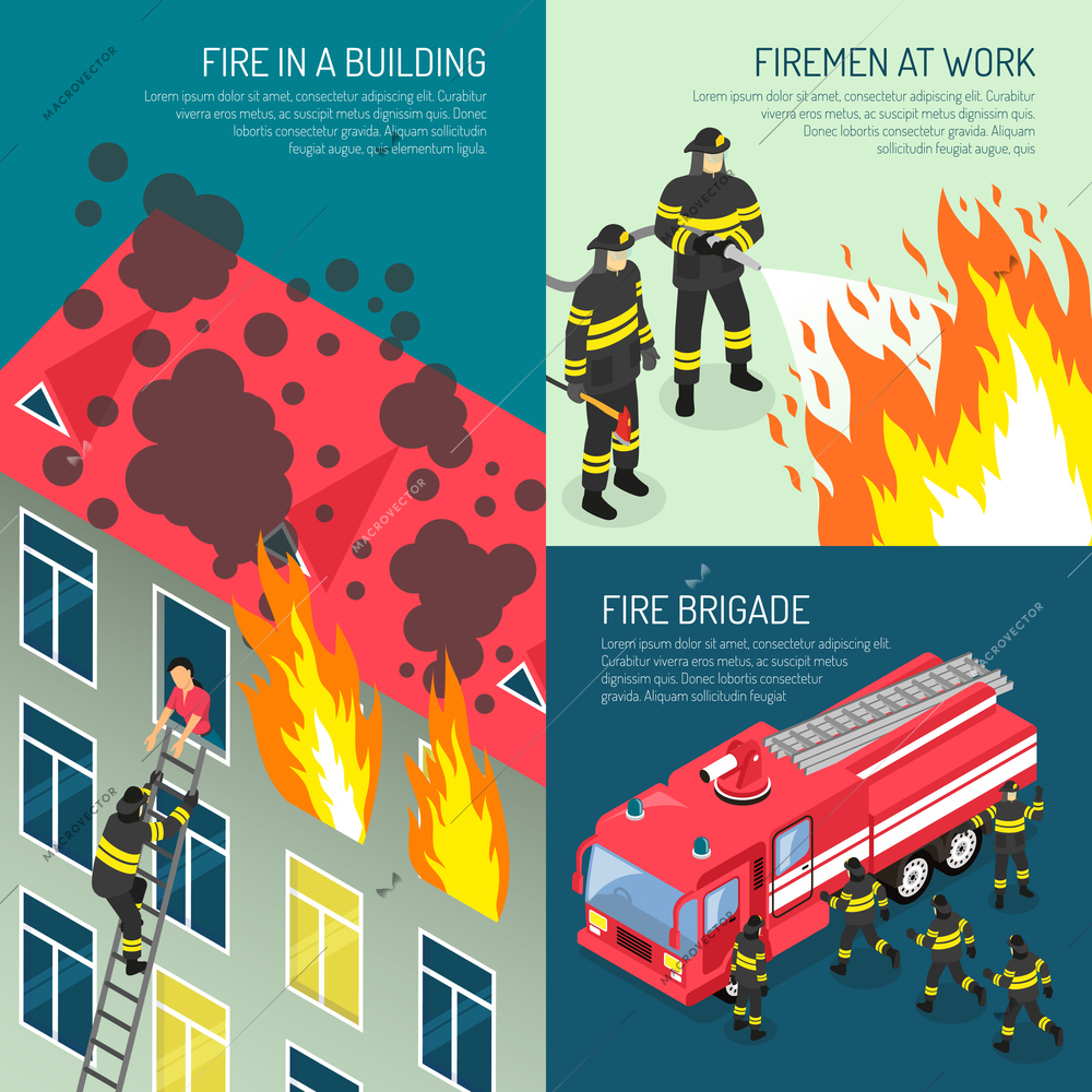 Three colored fire department design concept set with fire in building fireman at work and fire brigade descriptions vector illustration