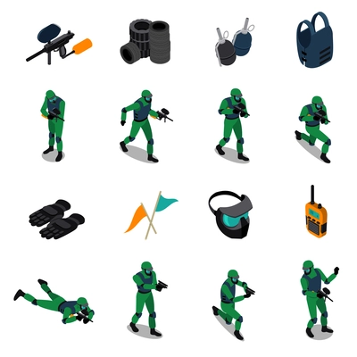 Paintball set of isometric icons with players in various poses weapon tires protective gear isolated vector illustration