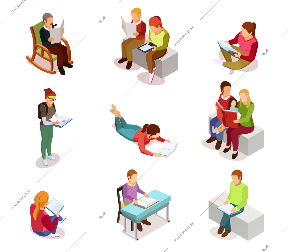 Colored and isolated isometirc reading people icon set with different ages and hobbies women and men vector illustration