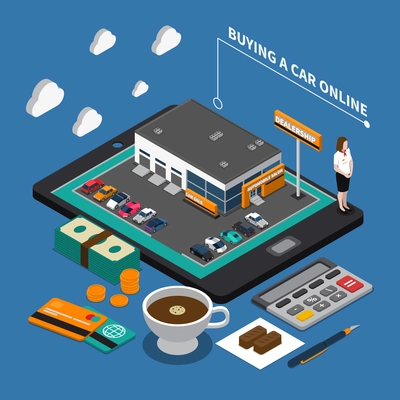 Buying car online isometric composition with dealership on mobile device money coffee on blue background vector illustration