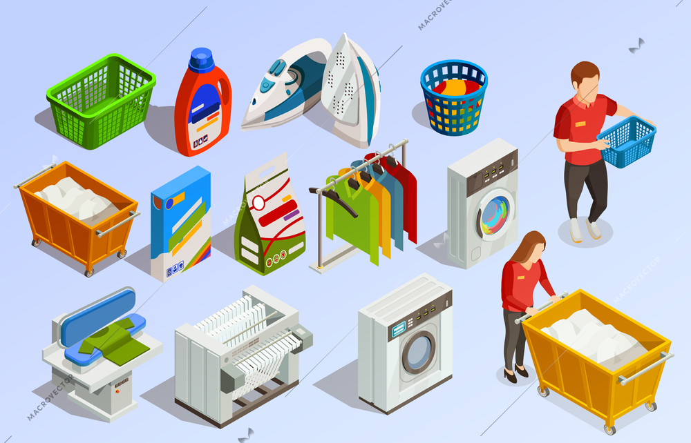 Laundry isometric dry-cleaning set with cleaning agents washing machines clothes dryer and faceless human characters vector illustration