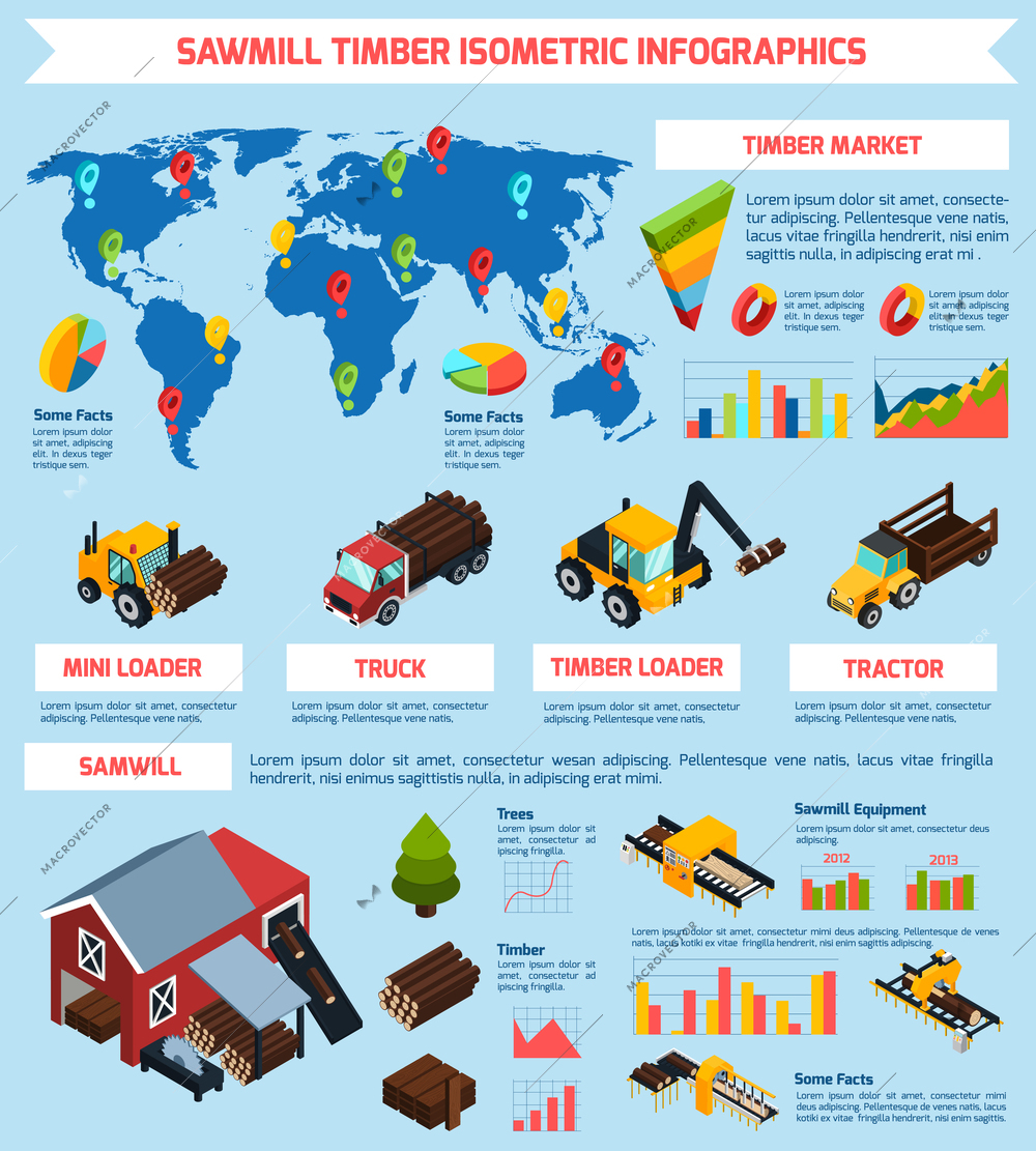Timber market infographics isometric layout with sawmill equipment and timber shipping and loading vehicles vector illustration