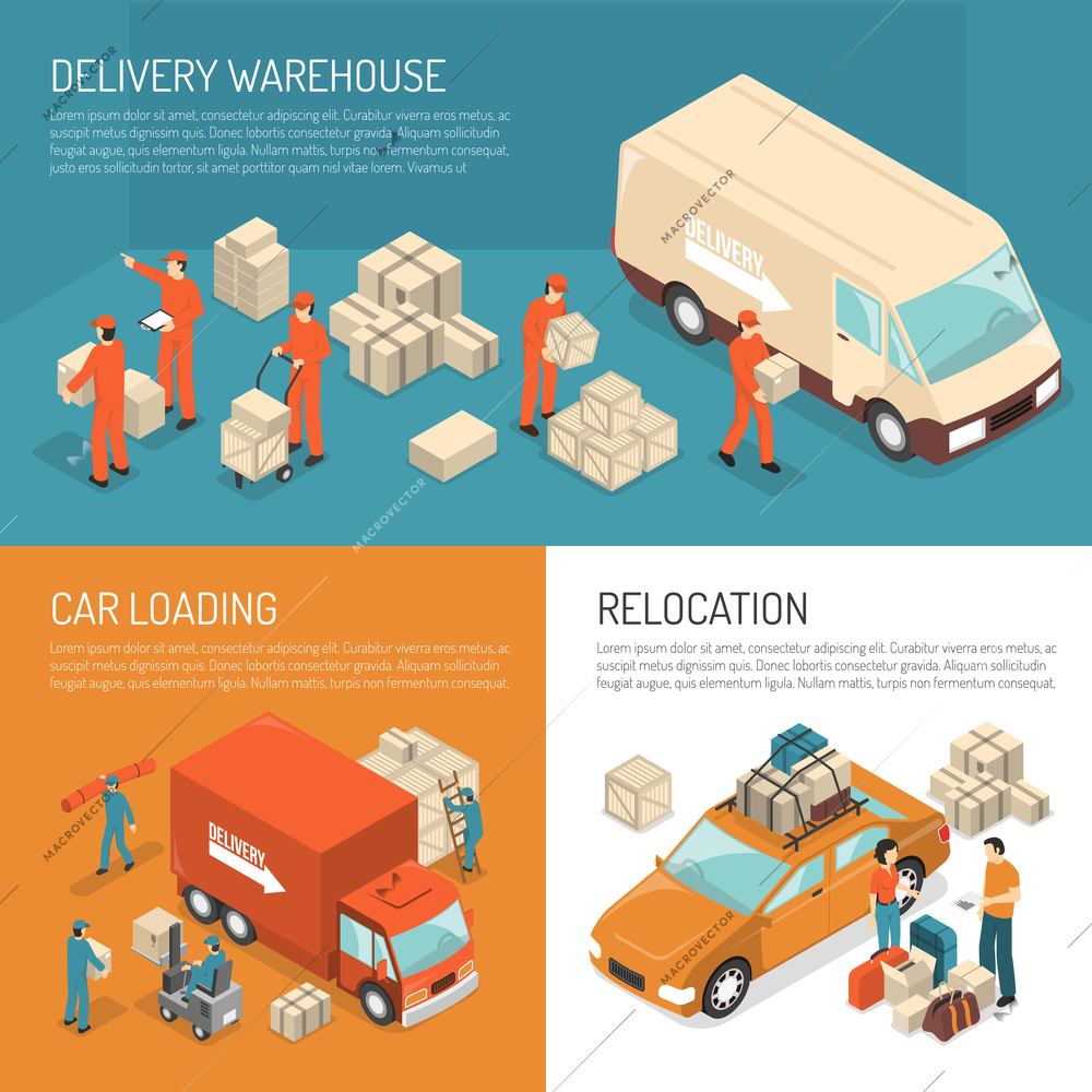 Colored isometric delivery moving design concept with delivery warehouse car loading and relocation descriptions vector illustration