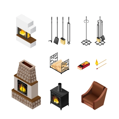 Fireplace isolated accessories set with isometric images of poker set pieces of fuelwood matches and grate vector illustration