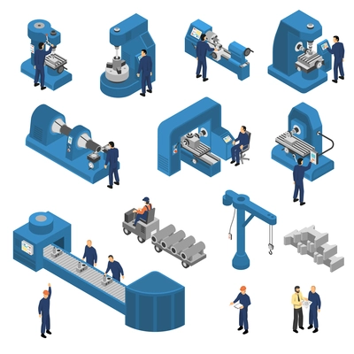 Isometric set of workers near machine tools with computer technologies including crane and loader isolated vector illustration