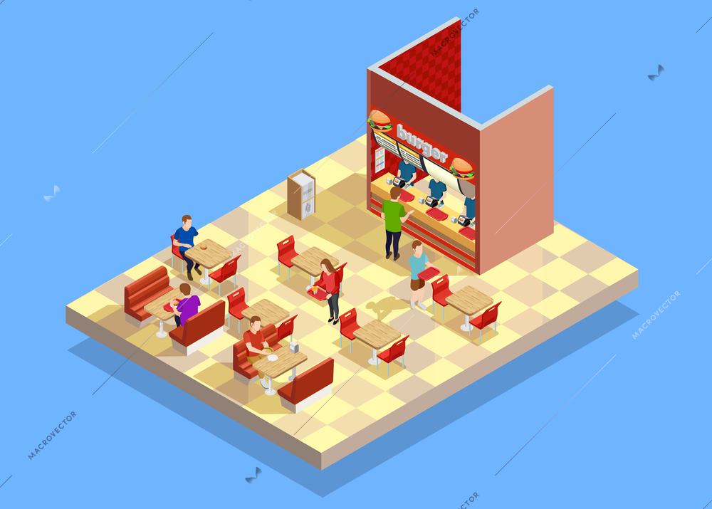 Food court interior counter area elements with vendor customers buying and eating at tables isometric vector illustration