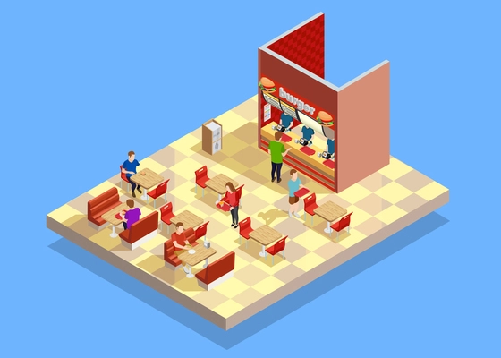 Food court interior counter area elements with vendor customers buying and eating at tables isometric vector illustration