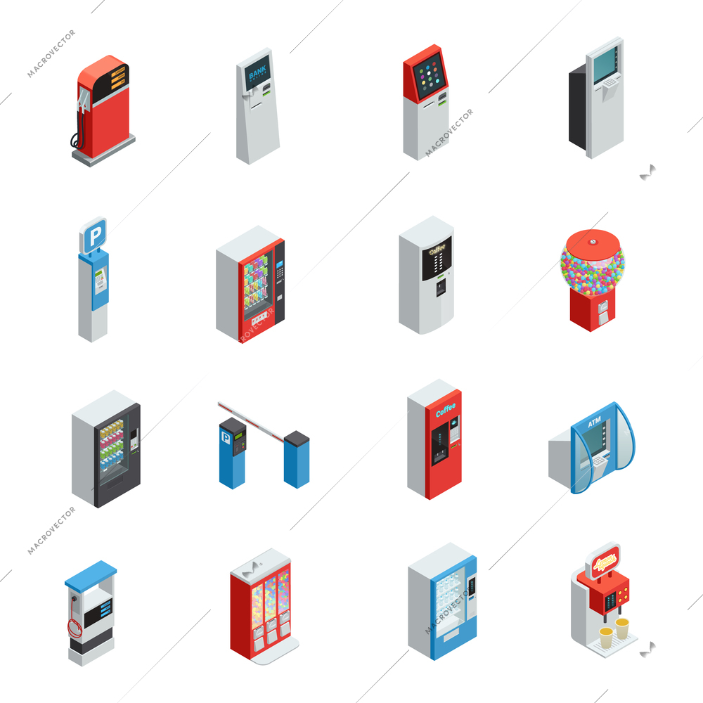 Vending machines isometric icons set with food and parking machines isolated vector illustration