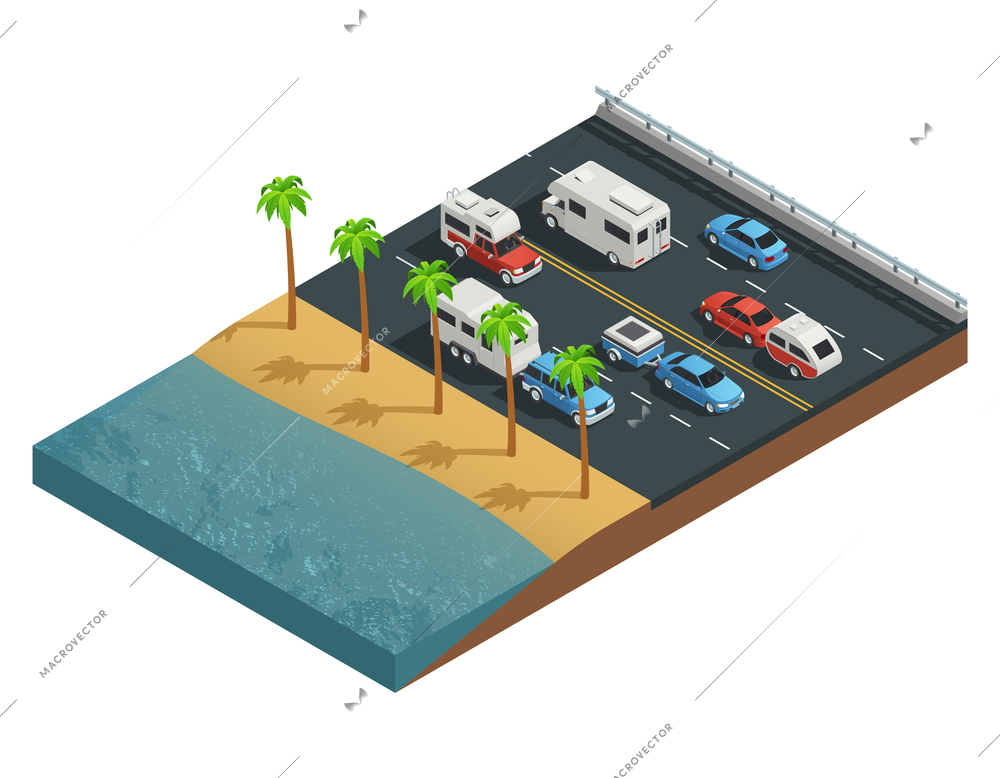 Recreational vehicles on road isometric composition with trailer people and forest vector illustration