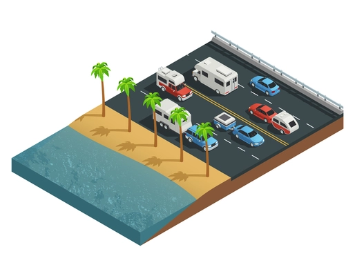 Recreational vehicles on road isometric composition with trailer people and forest vector illustration