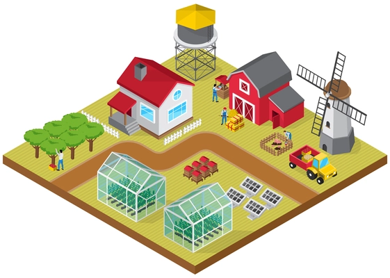 Farmyard buildings cattle raising facilities mill tractor greenhouses beehives orchard with farmworkers 3d isometric model vector illustration