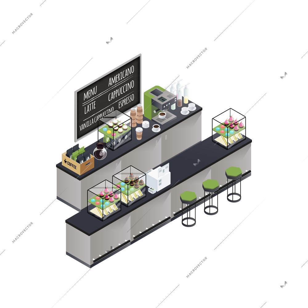 Coffee bar stand isometric composition with coffee brewer black board cups varieties box and sweet cakes vector illustration