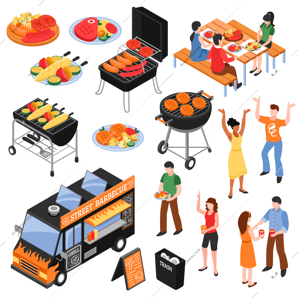 Isometric set with meat and vegetables on grill people near car with street barbecue isolated vector illustration