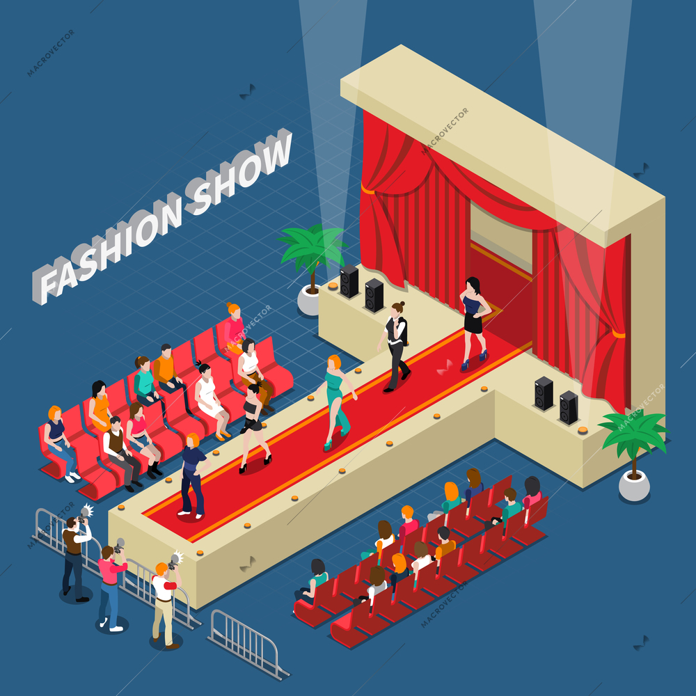 Fashion show isometric composition with models on catwalk with red curtain media and guests vector illustration