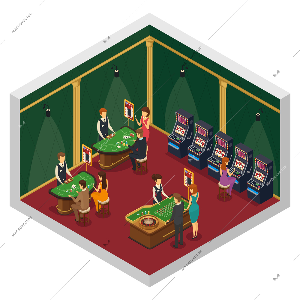 Colored casino isometric interior composition with two walls and red floor with gambling tables and visitors vector illustration