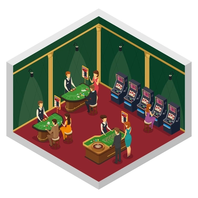 Colored casino isometric interior composition with two walls and red floor with gambling tables and visitors vector illustration