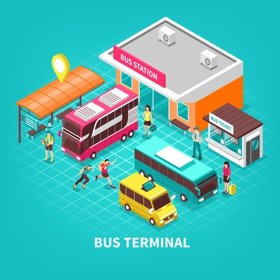 Bus terminal with building station public transport tourists and ticket office on turquoise background isometric vector illustration