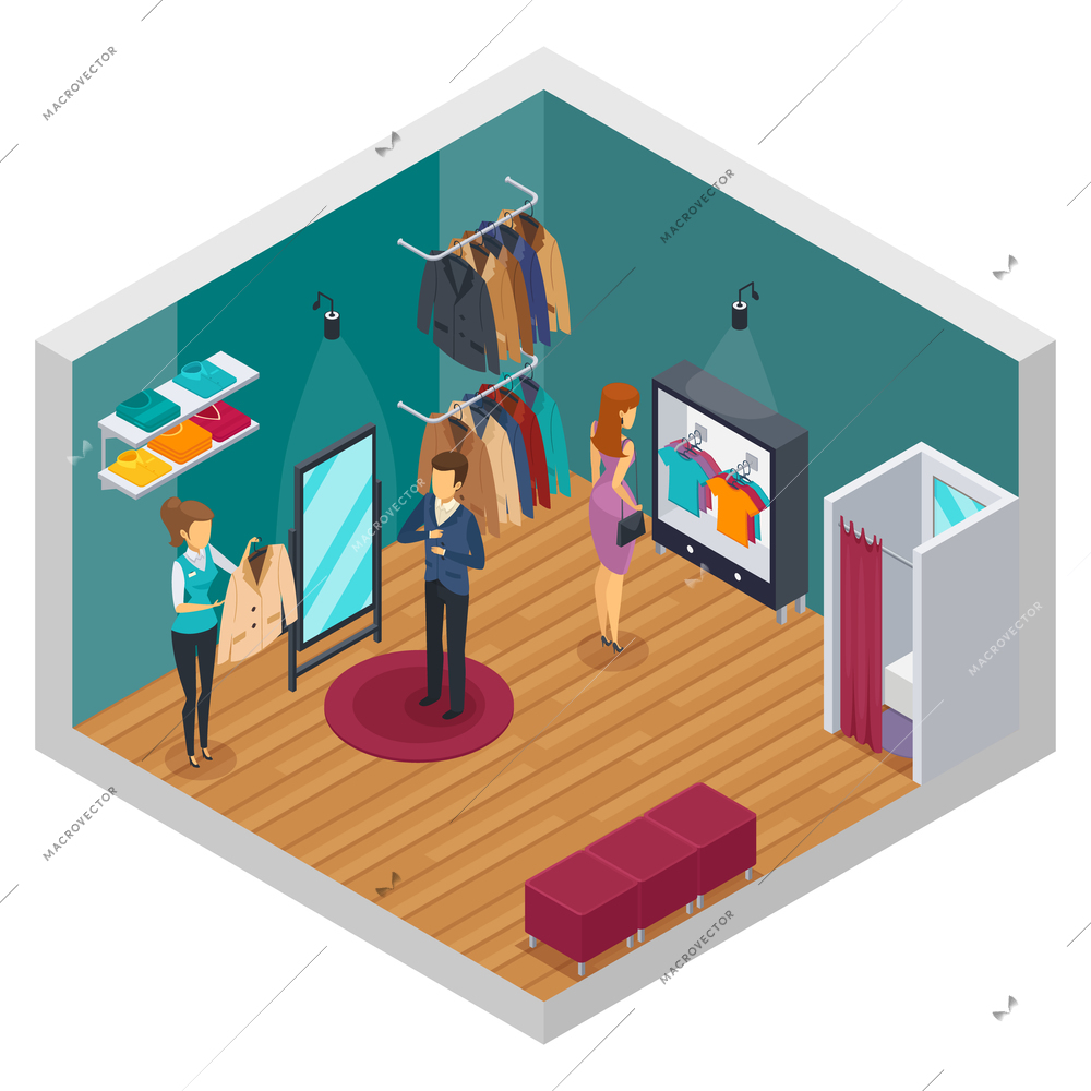 Isolated and colored trying shop isometric interior concept with cloth accessories and buyers vector illustration