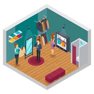 Isolated and colored trying shop isometric interior concept with cloth accessories and buyers vector illustration