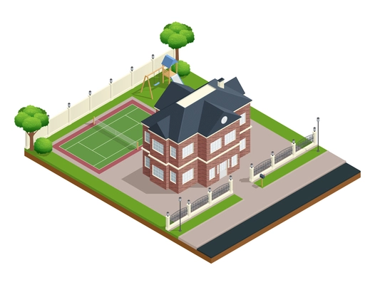 Suburb house isometric composition with sports ground and trees vector illustration