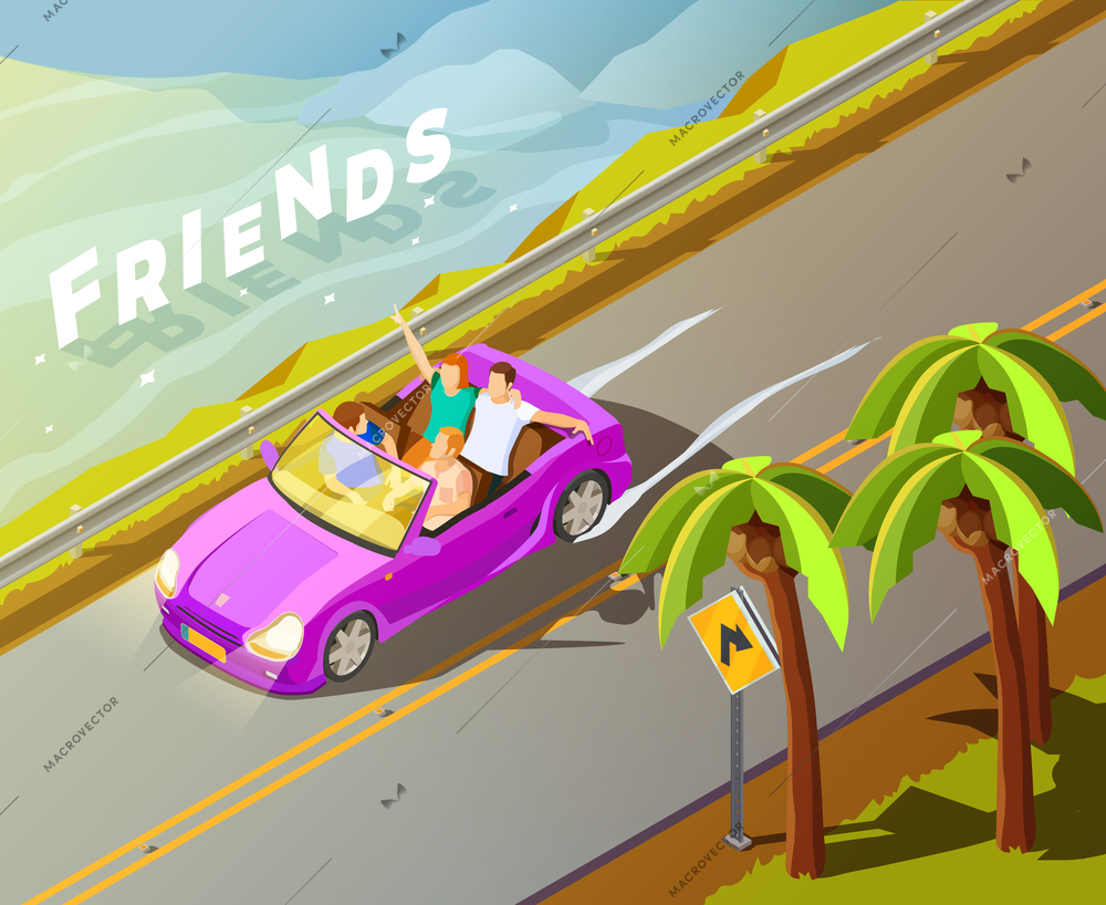 Friends travelling in tropics in lux bright magenta leased car isometric view wit roadside palms poster vector illustration