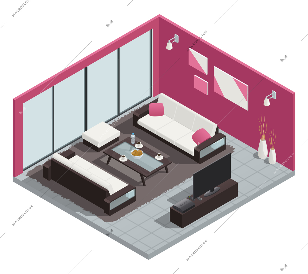 Dining room isometric composition with sofa table and windows vector illustration