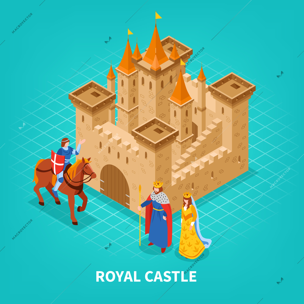 Colored royal castle isometric composition with king and queen isolated on blue background vector illustration