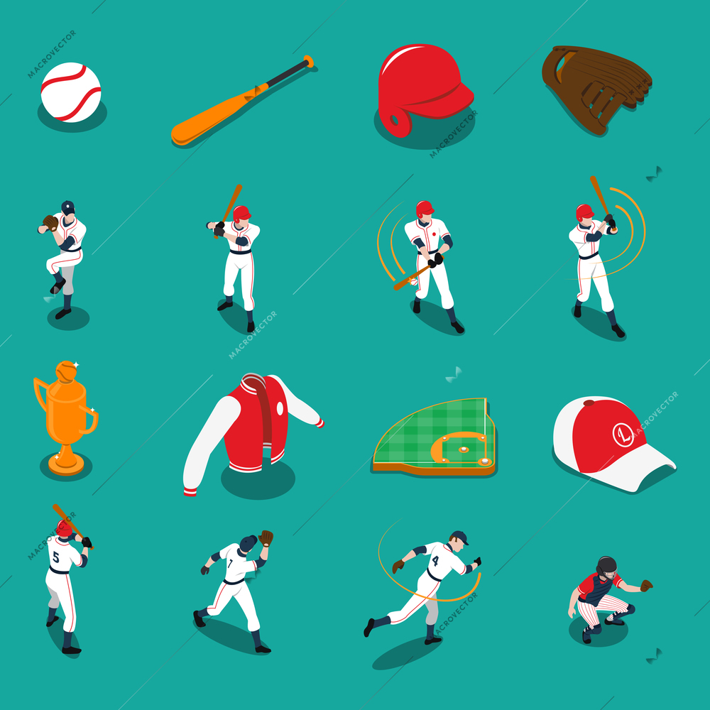 Baseball set of isometric icons with players sports gear and trophy on turquoise background isolated vector illustration