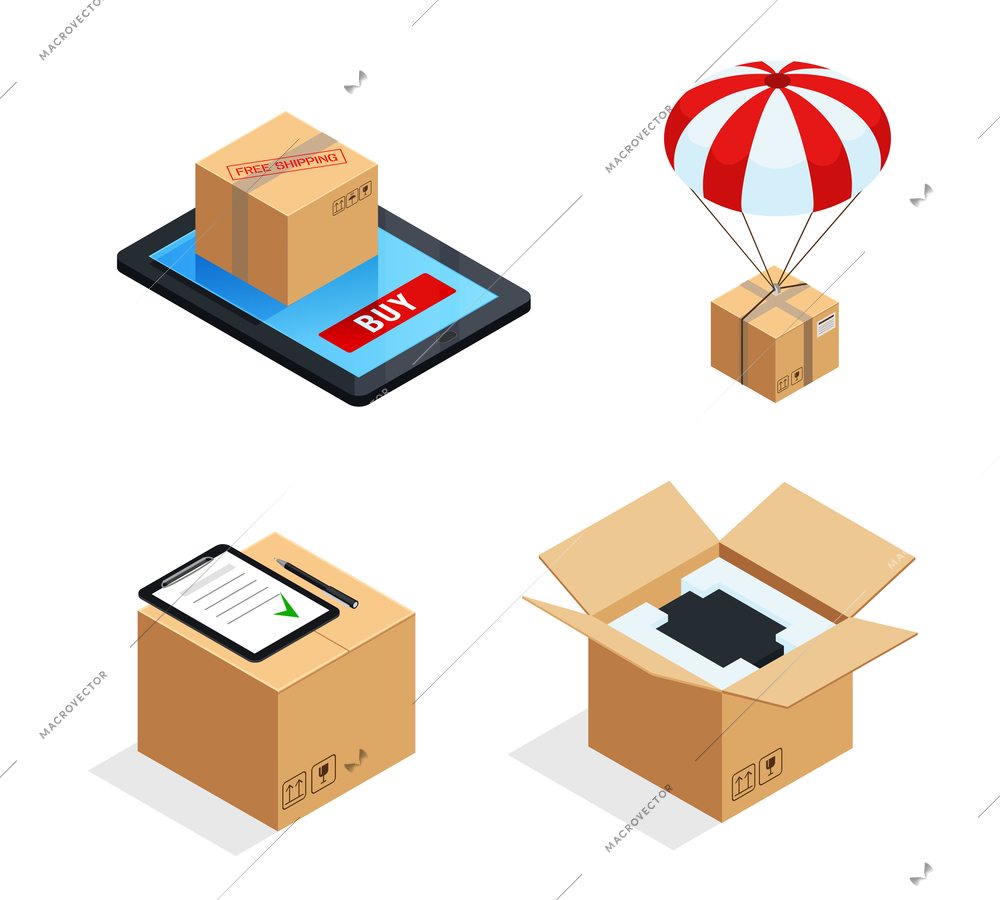 Set of four isolated isometric gadget delivery stages images online order parachute shipping receipt and unpacking vector illustration