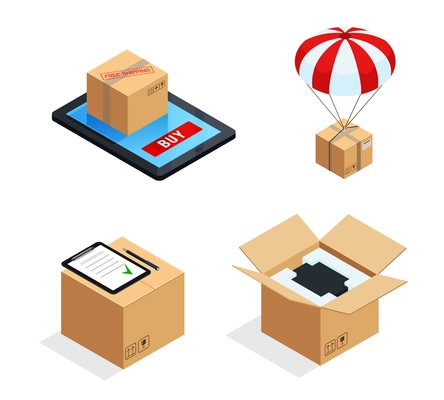 Set of four isolated isometric gadget delivery stages images online order parachute shipping receipt and unpacking vector illustration