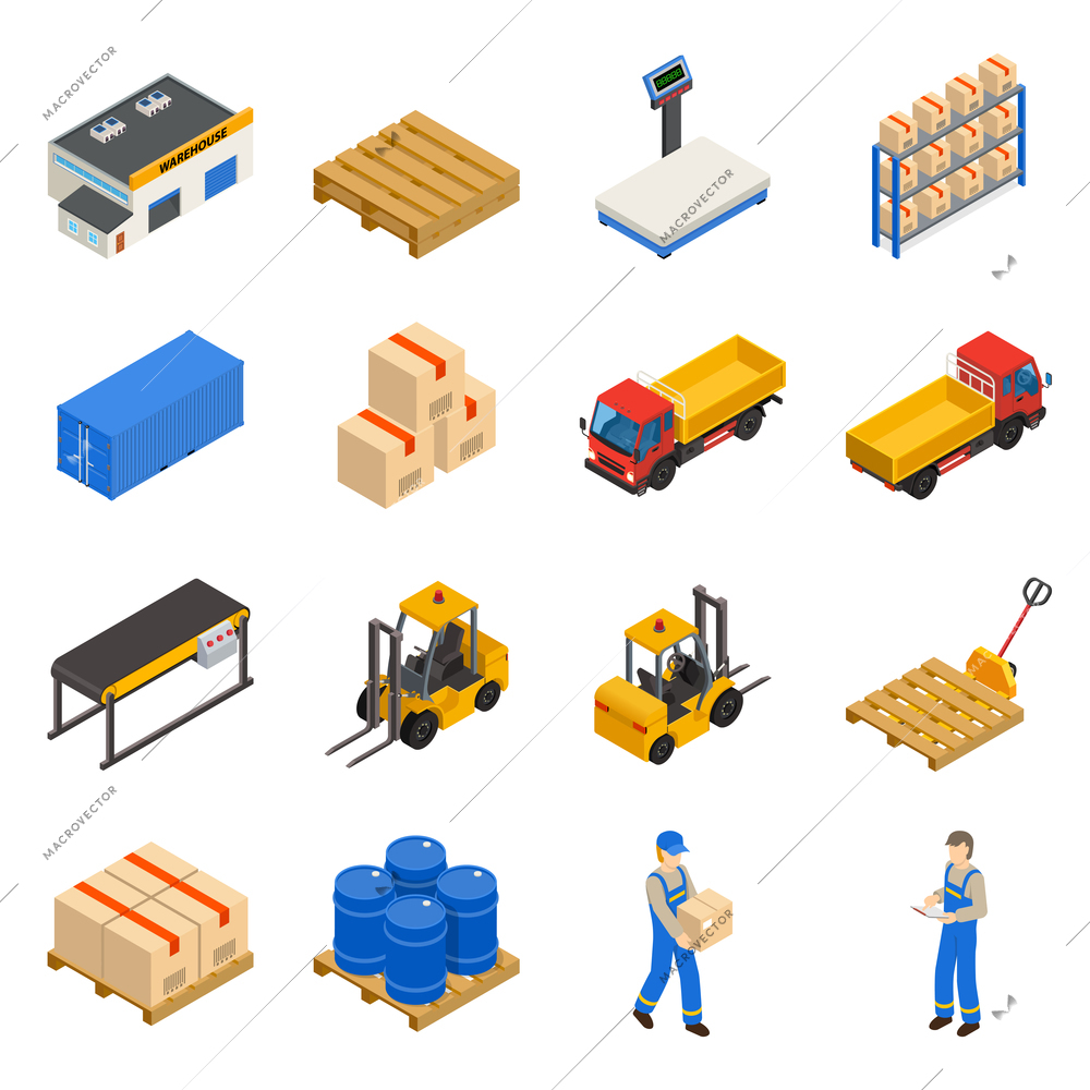 Warehouse isometric decorative icons set with elements of storage inventory  transportation and workers isolated vector illustration