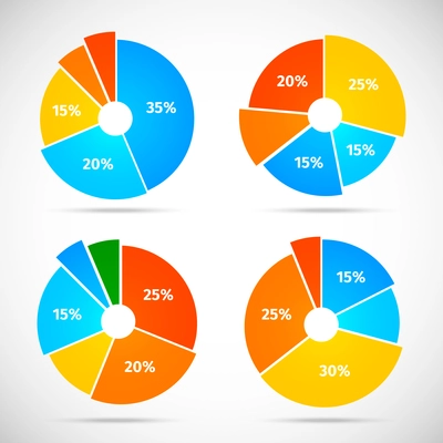 Colored flat pie chart set template with isolated sectors vector illustration