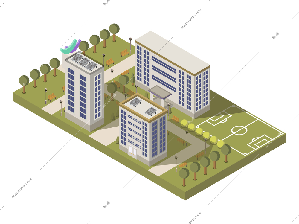 Isometric university campus composition with  park and sports ground vector illustration