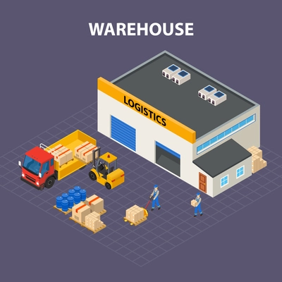 Warehouse outside isometric design concept with storage building and forklift loading goods in delivery truck vector illustration