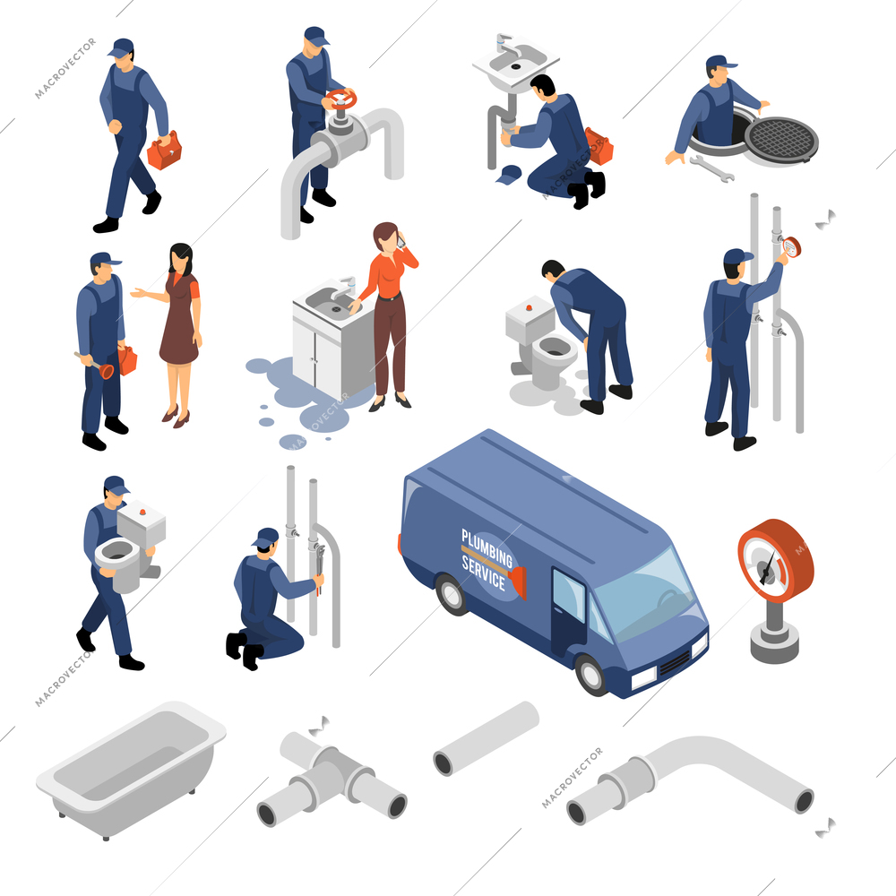 Plumber isometric icons set with tools and equipment symbols isolated vector illustration