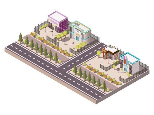 Entertainment places isometric concept with showroom theater and bar vector illustration