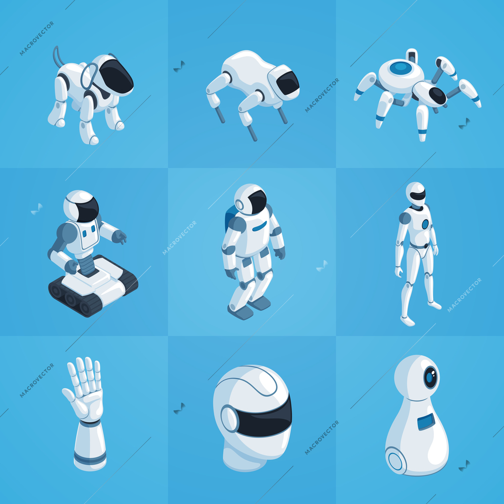 Robots set of isometric icons including androids automatic dog and spider on blue background isolated vector illustration