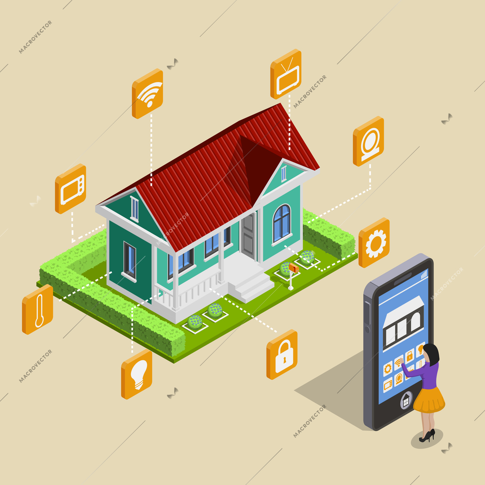 Smart house isometric images composition with cottage facility pictograms and tall smartphone directed by woman character vector illustration