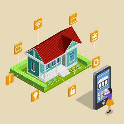 Smart house isometric images composition with cottage facility pictograms and tall smartphone directed by woman character vector illustration