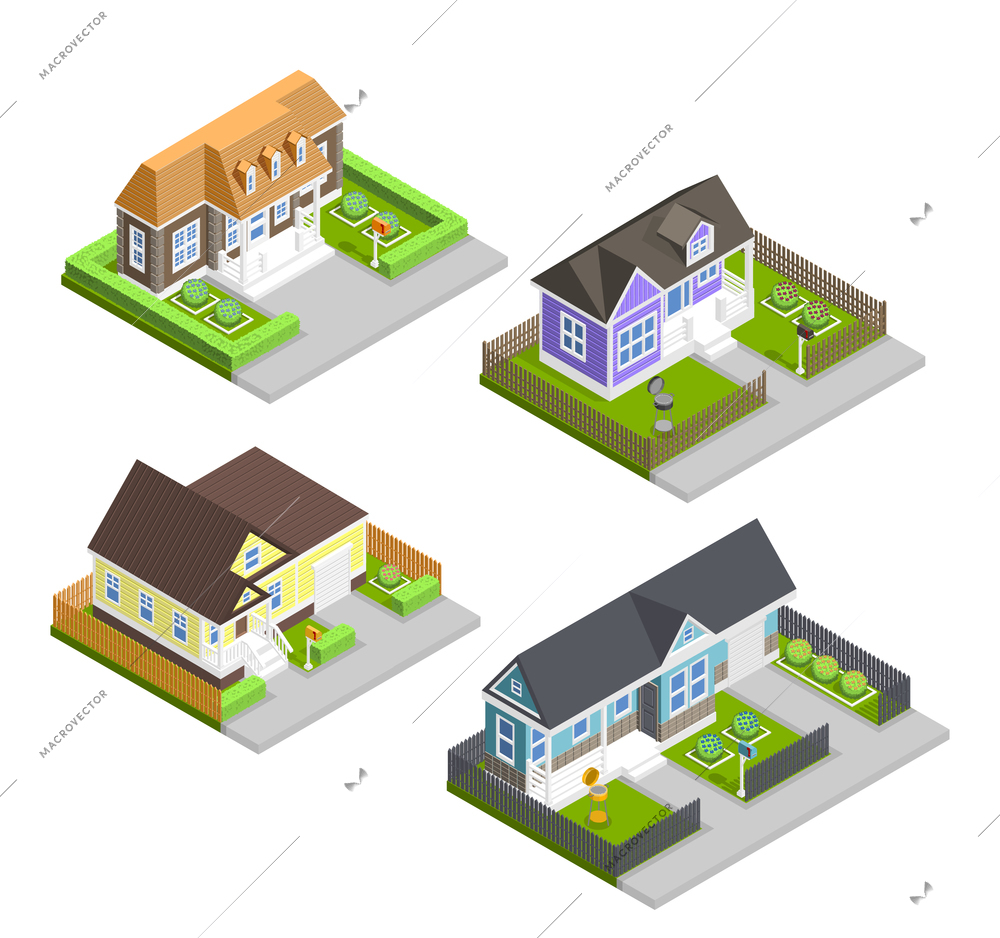 Town houses isometric composition with gardens and lawn isolated vector illustration