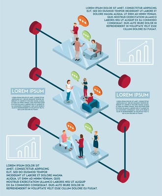 Gadgets people infographics with human figures on isometric platforms with messaging application thought bubbles and text vector illustration