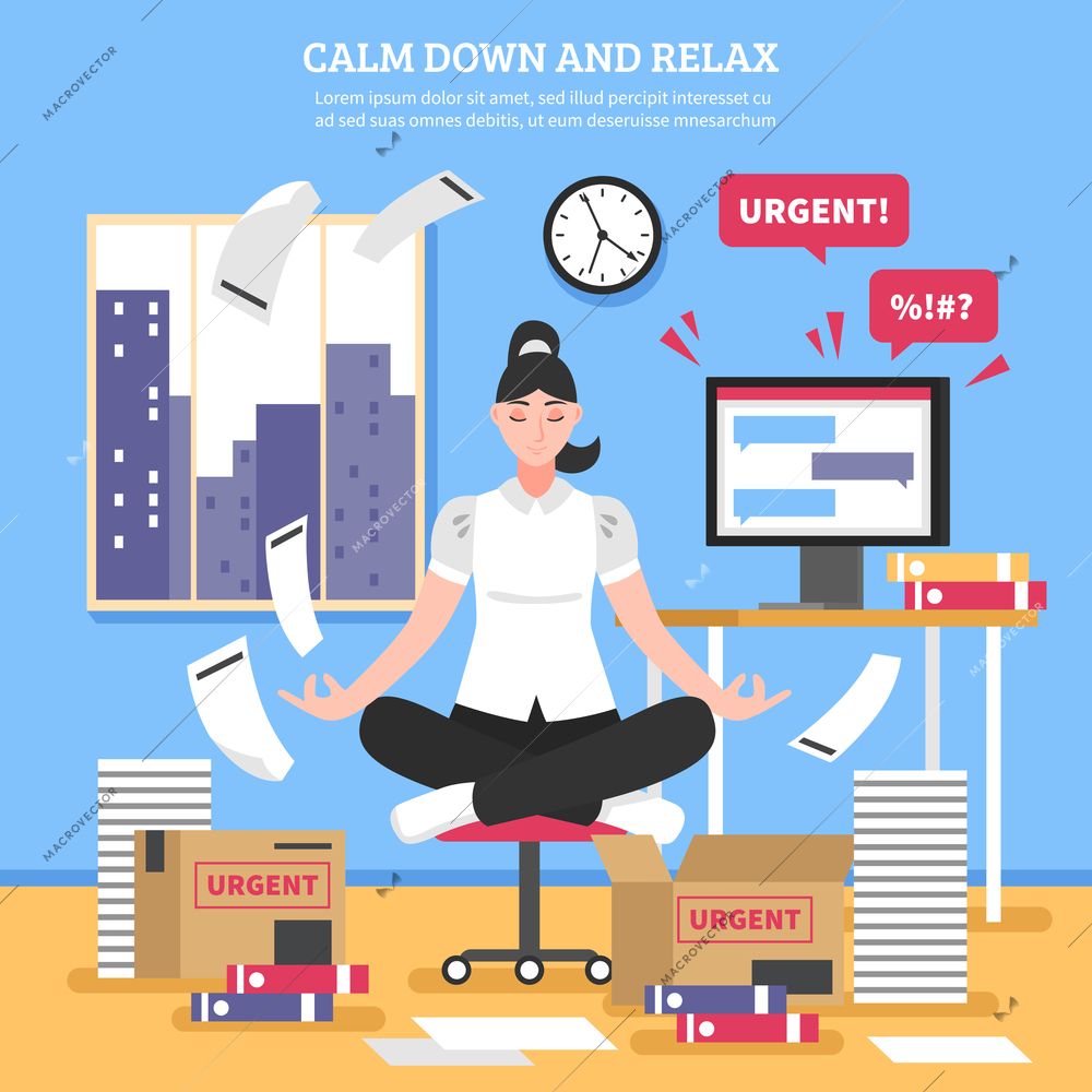 Businesswoman doing meditation on chair near computer boxes and documents on blue wall background flat vector illustration