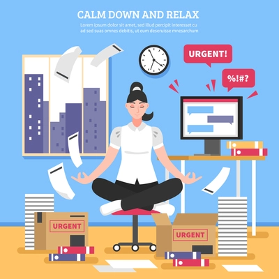 Businesswoman doing meditation on chair near computer boxes and documents on blue wall background flat vector illustration