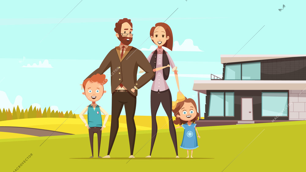 Happy amicable family design concept with young parents and little boy and girl standing on lawn at countryside background  flat vector illustration