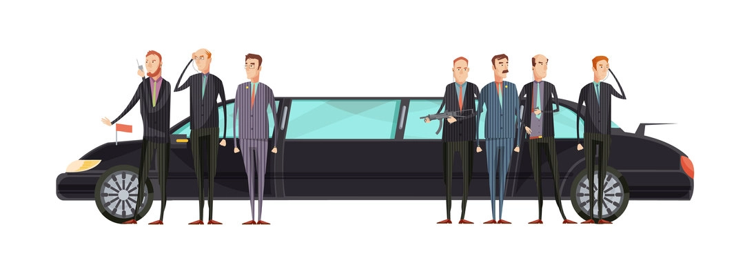 Intelligence agency flat composition with special services workers stand near representative limousine vector illustration