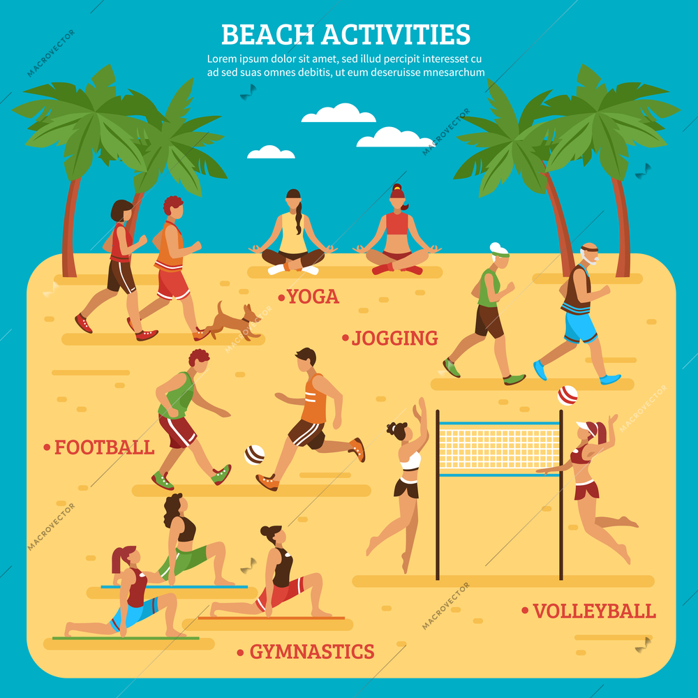 Beach activities infographics with people sport games and bodily exercises on blue background flat style vector illustration